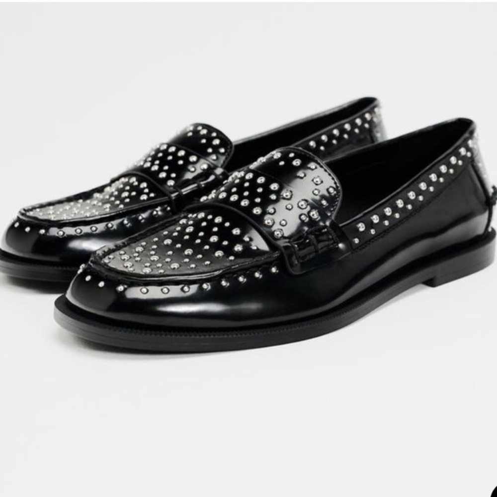 zara silver studded loafers black leather size euro 37 / 6.5